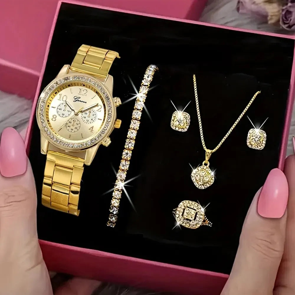 Women's luxury 5-piece gold watch and rhinestone jewelry set with necklace, ring, and earrings — view 3