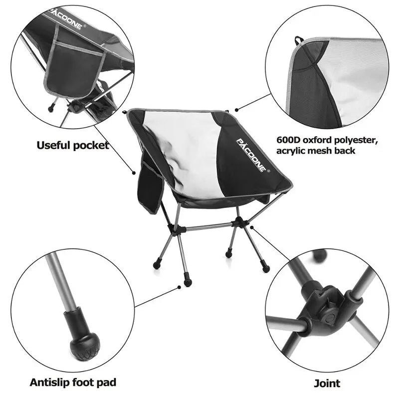 Black folding aluminum camping chair with breathable mesh panels and sturdy 600D Oxford cloth seat — view 5