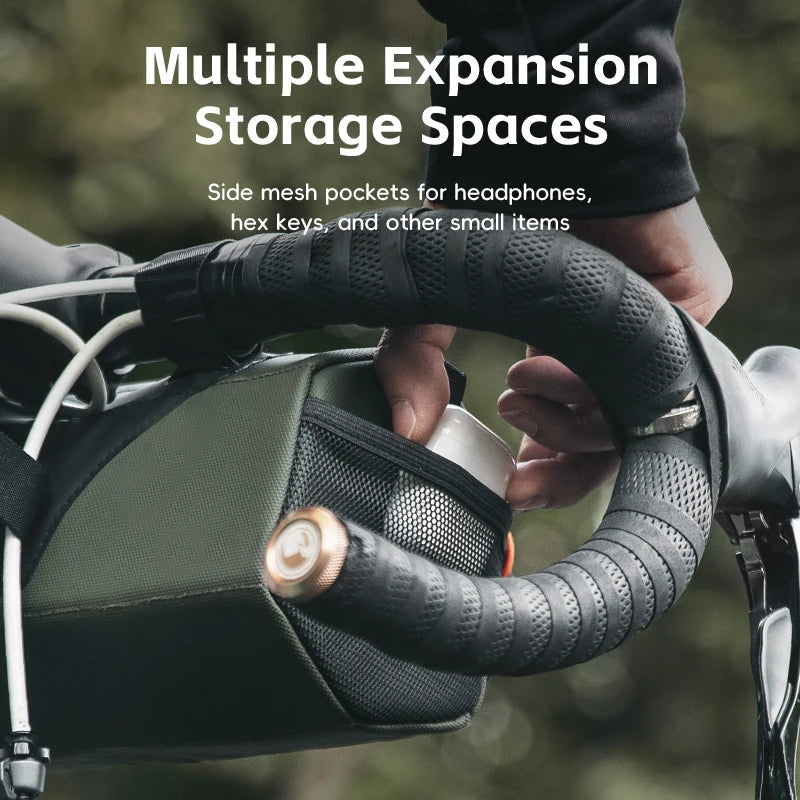 Waterproof bicycle handlebar bag in army green, 2.2L capacity, featuring secure straps and rigid structure. — view 3