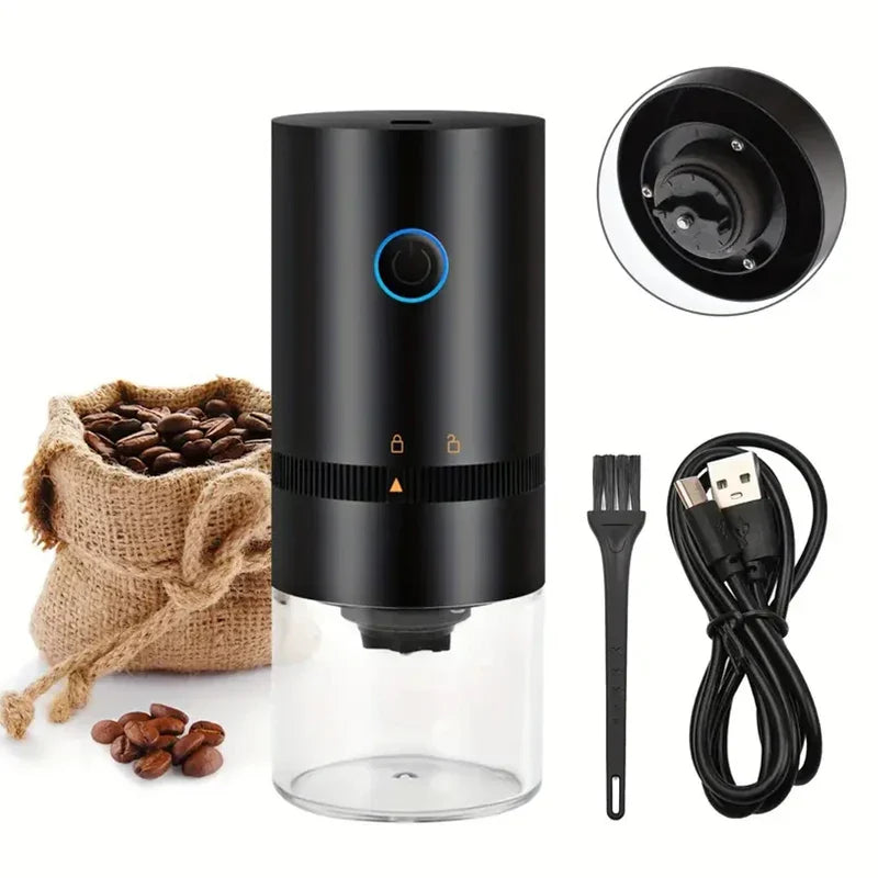 Sleek black portable USB rechargeable burr coffee grinder for espresso and french press