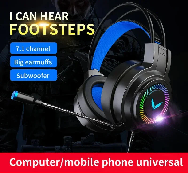 Black NNEOBA virtual surround gaming headset with noise-reducing microphone and RGB breathing LED lights — view 2