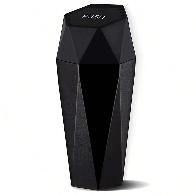 Portable mini car trash can in black with secure lid inside vehicle cup holder