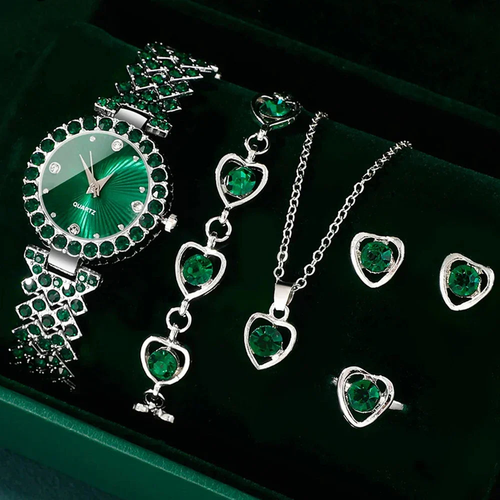 Womens luxury green watch and matching jewelry set with heart necklace ring and earrings — view 3