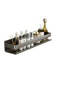 Contemporary gray aluminum wall-mounted bathroom corner shelf organizer holding bath essentials