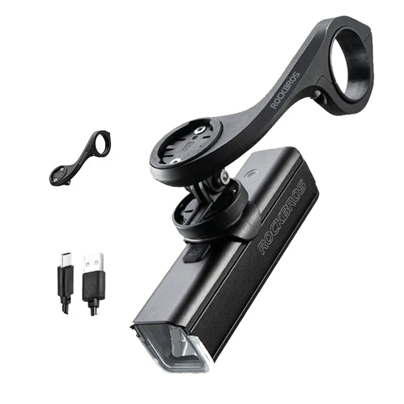 Black aluminum 1000 lumen bike light with USB-C port and dual position handlebar mounting bracket