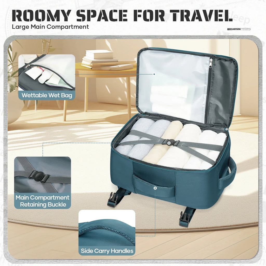 Peacock blue cabin carry-on travel backpack made of durable nylon with ergonomic air cushion straps — view 2