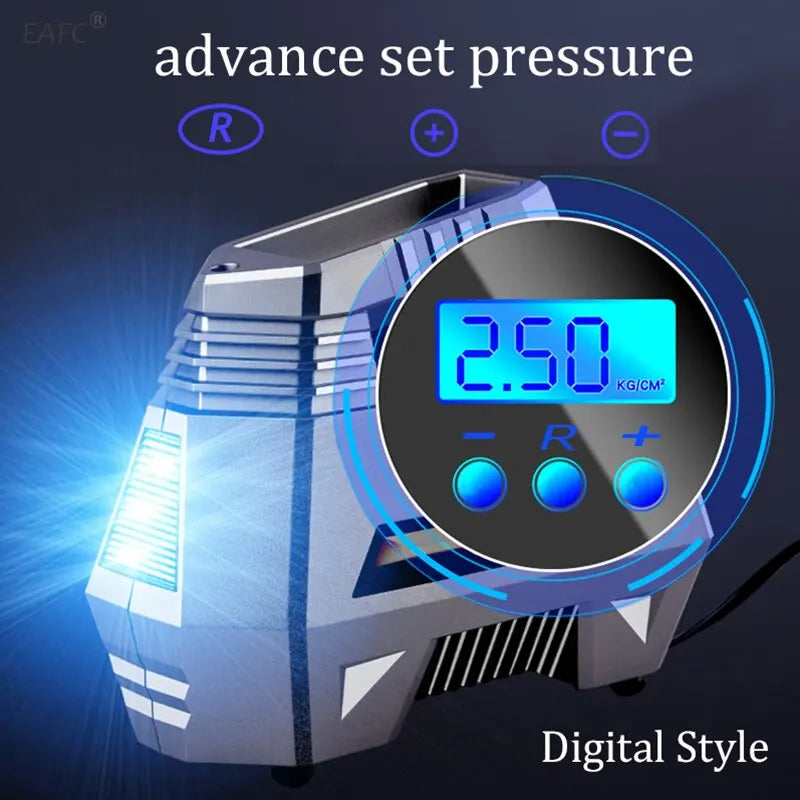 Digital portable air compressor pump in grey with car power plug and flexible inflation hose — view 3