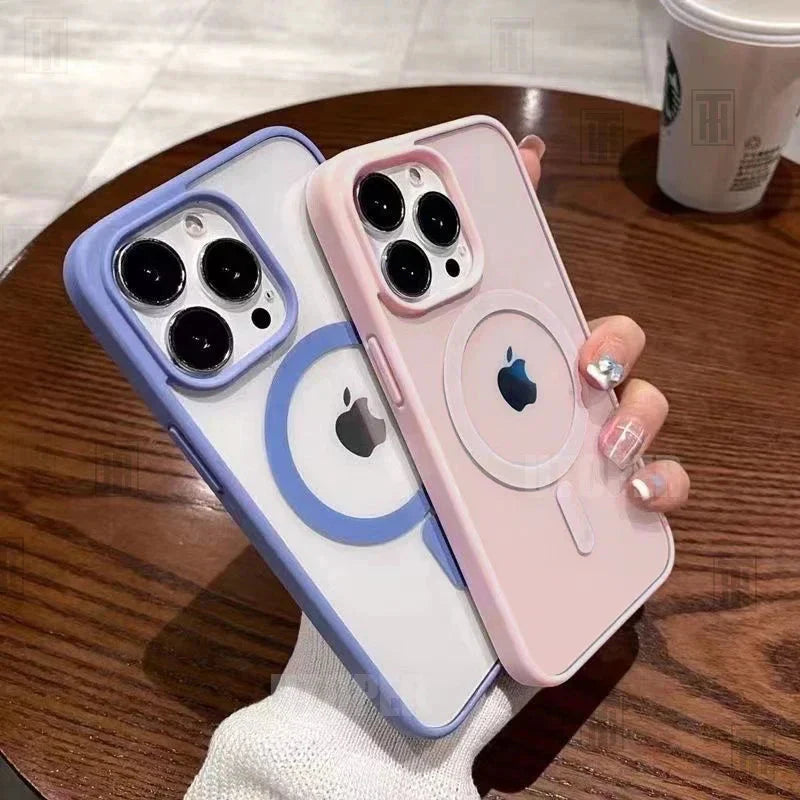Pink transparent acrylic MagSafe iPhone case with shockproof magnetic ring design — view 3