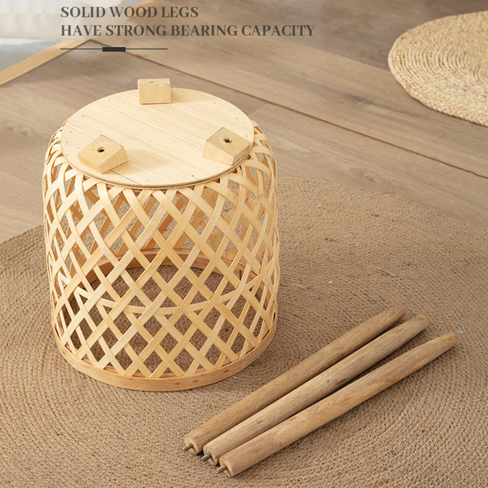 Handmade bamboo woven plant stand with elevated wooden base, displaying a potted green houseplant. — view 4