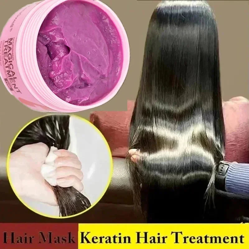 Jar of magical keratin hair mask for deep moisturizing and repairing damaged frizzy hair