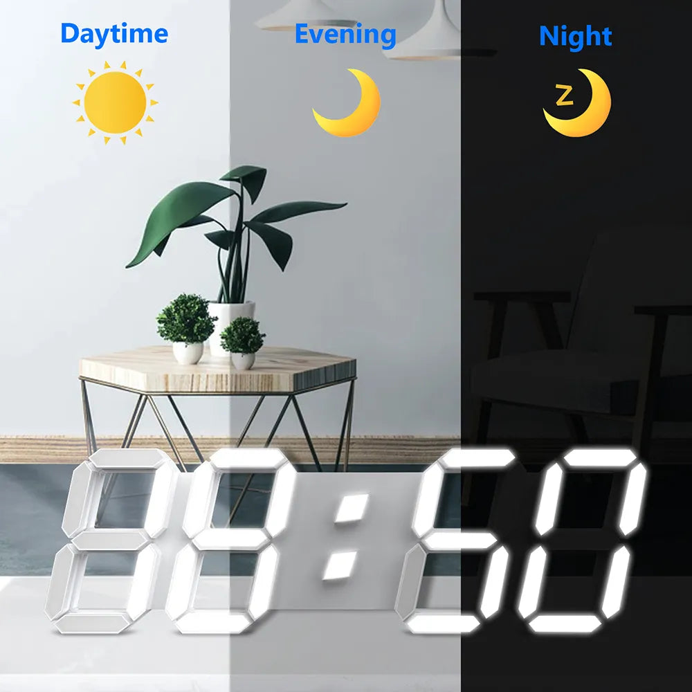 Modern 3D LED wall clock with large digital display, showing time and remote control accessories. — view 4