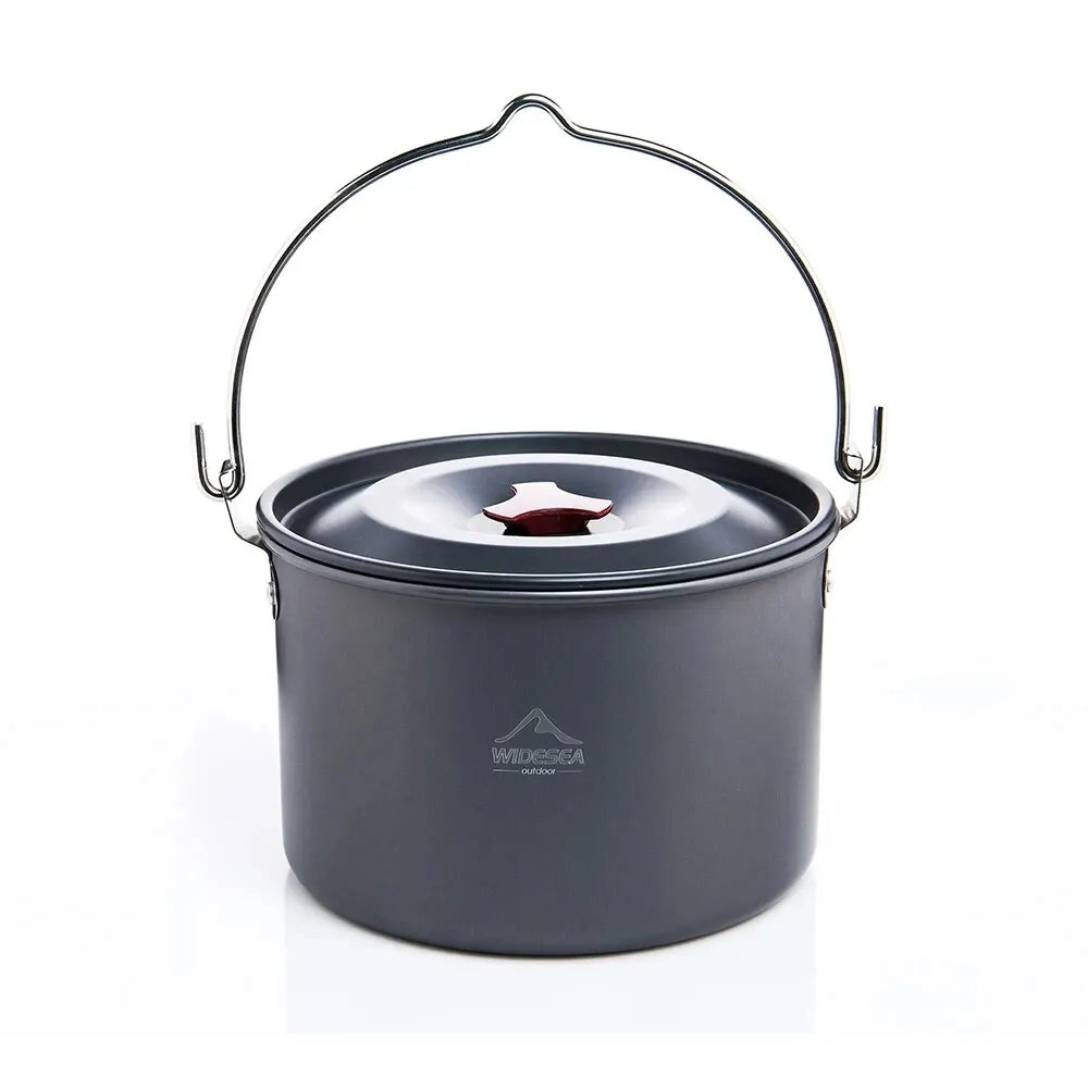 Large metallic 4L camping hanging pot with sturdy handle for outdoor campfire cooking and wilderness meals