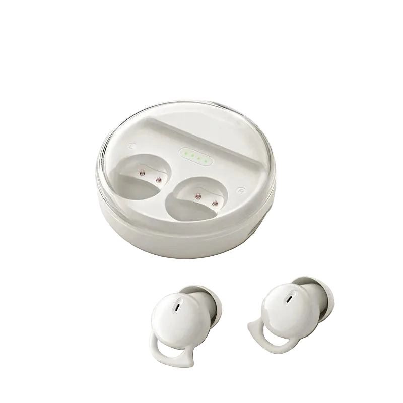 Mini invisible wireless earbuds in charging case with soft silicone ear tips for comfortable sleep