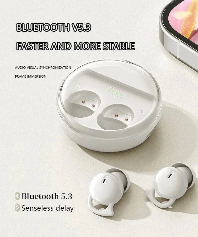 Mini invisible wireless earbuds in charging case with soft silicone ear tips for comfortable sleep — view 3