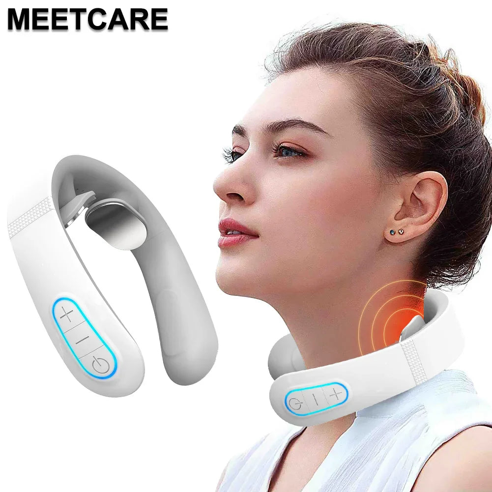 White silicone electric smart EMS cervical neck massager with micro-curved ergonomic design for pain relief