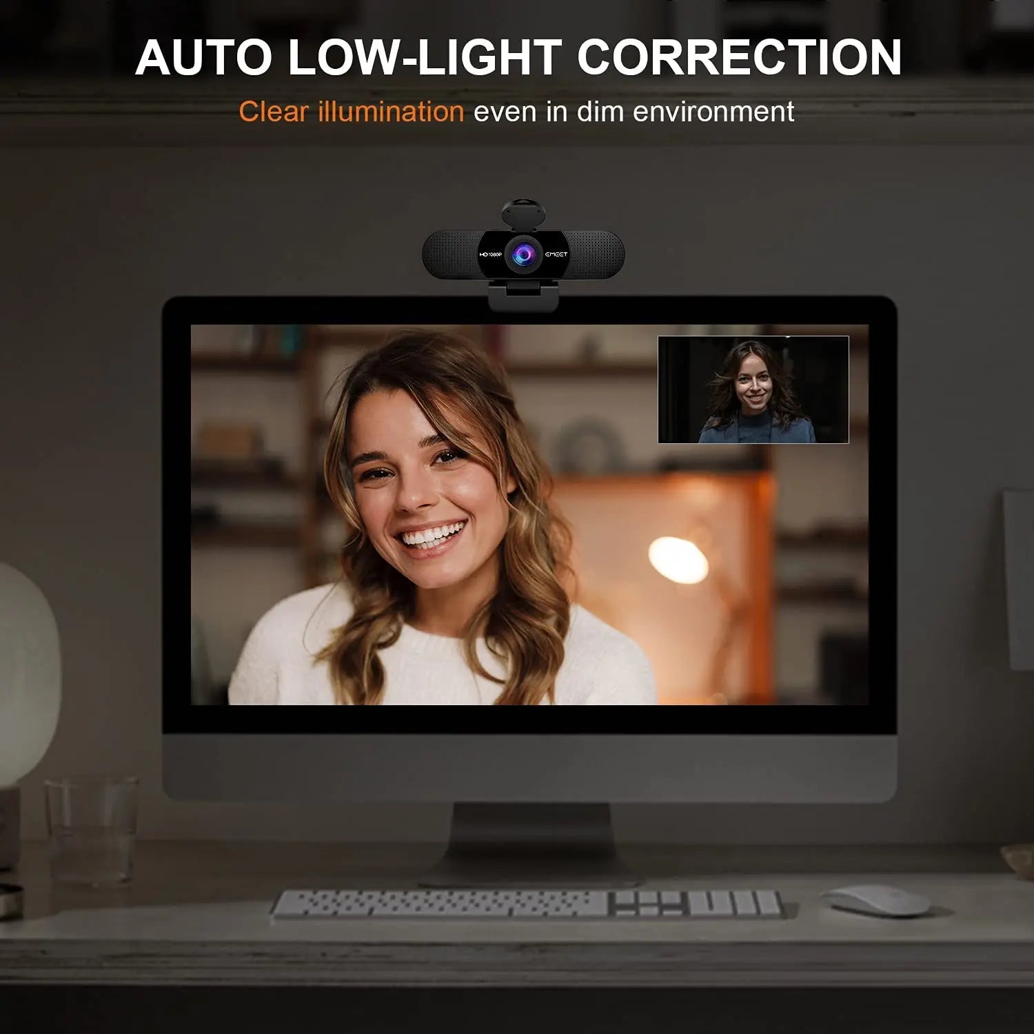 Black 1080P HD USB webcam with dual microphones, privacy cover, and adjustable clip mount — view 5