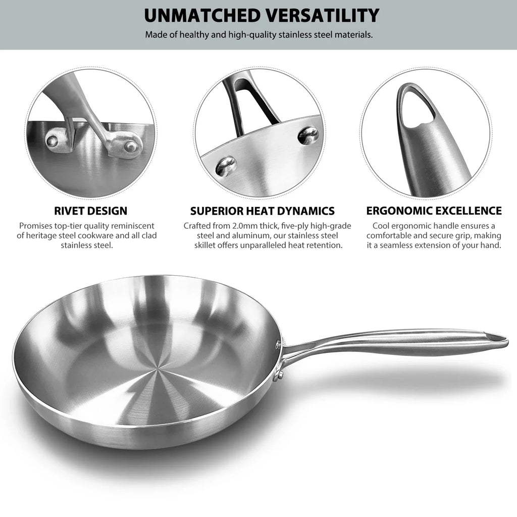 Silver 11-inch 304 stainless steel frying pan with tempered glass lid and long brushed handle — view 3