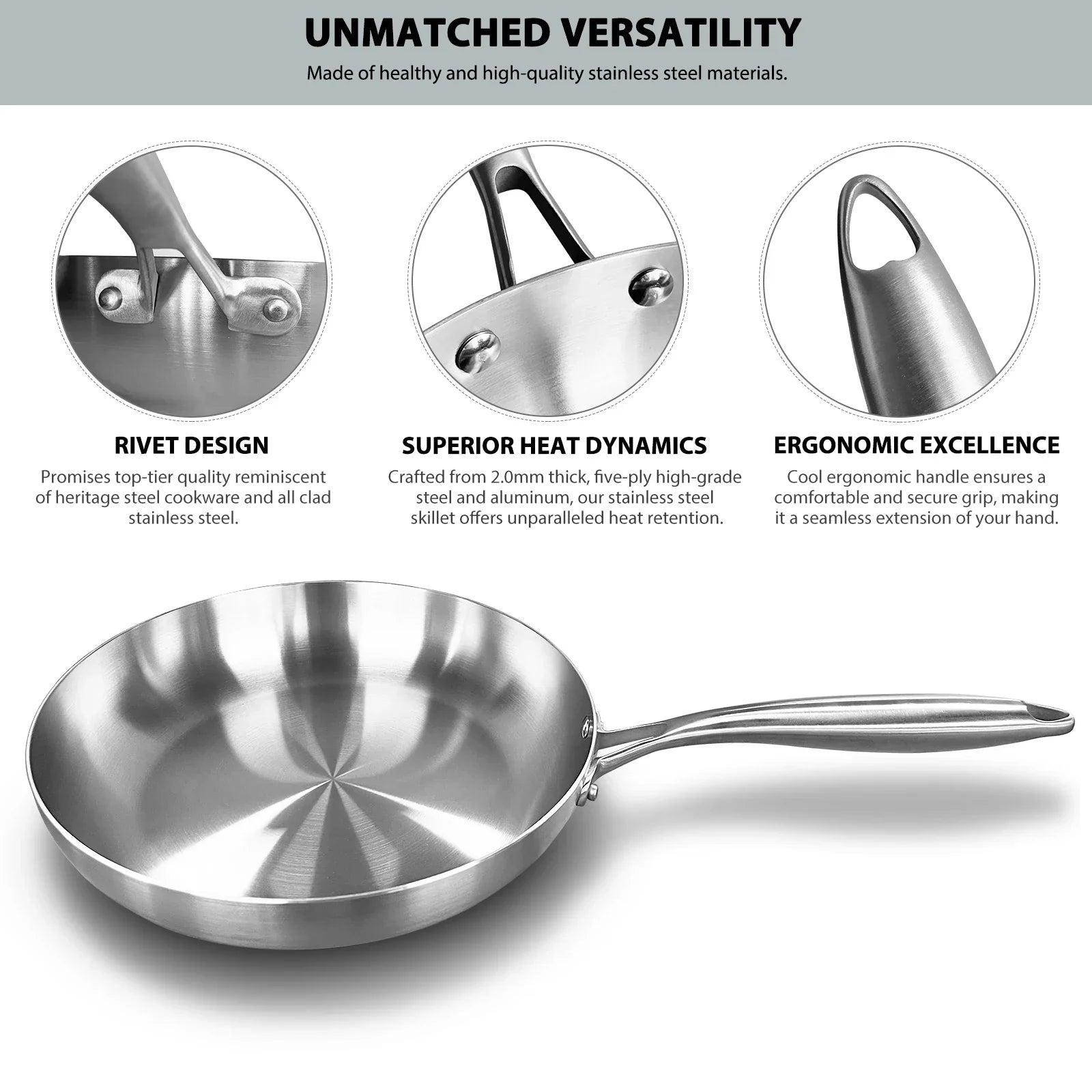 Silver 11-inch 304 stainless steel frying pan with tempered glass lid and long brushed handle — view 3