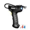 Black 120W portable wireless tire inflator with digital display and air hose attachment