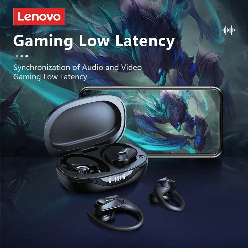 Lenovo LP75 wireless sports earphones with flexible silicone ear hooks and digital LED charging case — view 3