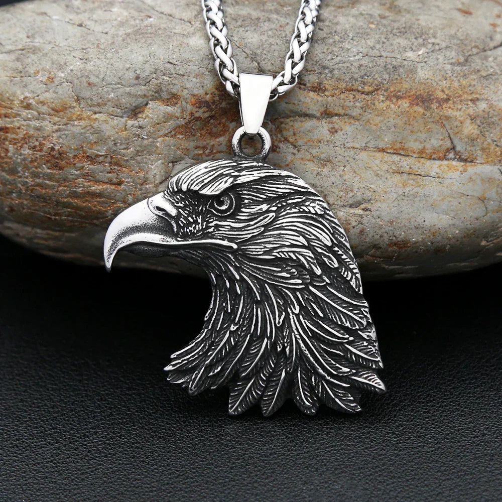 Gothic vintage eagle head pendant necklace in silver stainless steel on a chain — view 3