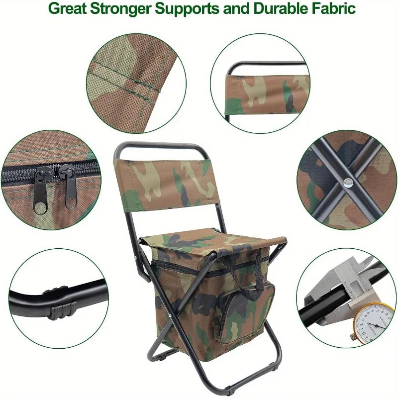 Foldable camping chair in durable fabric with built in zip up cooler bag attached below seat — view 4