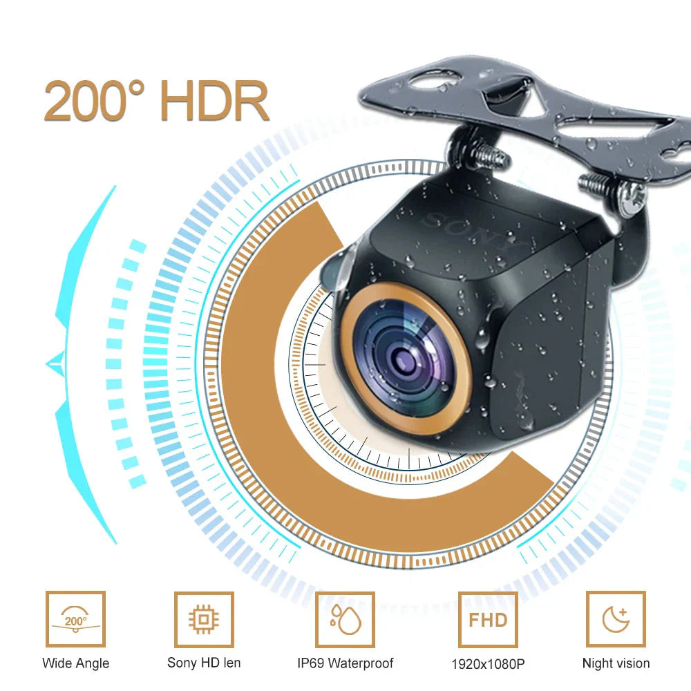 Black AHD 2K car rear view camera featuring a wide angle golden fisheye lens. — view 3