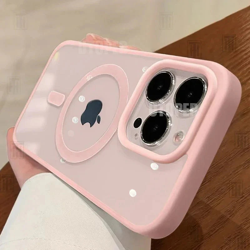 Pink transparent acrylic MagSafe iPhone case with shockproof magnetic ring design