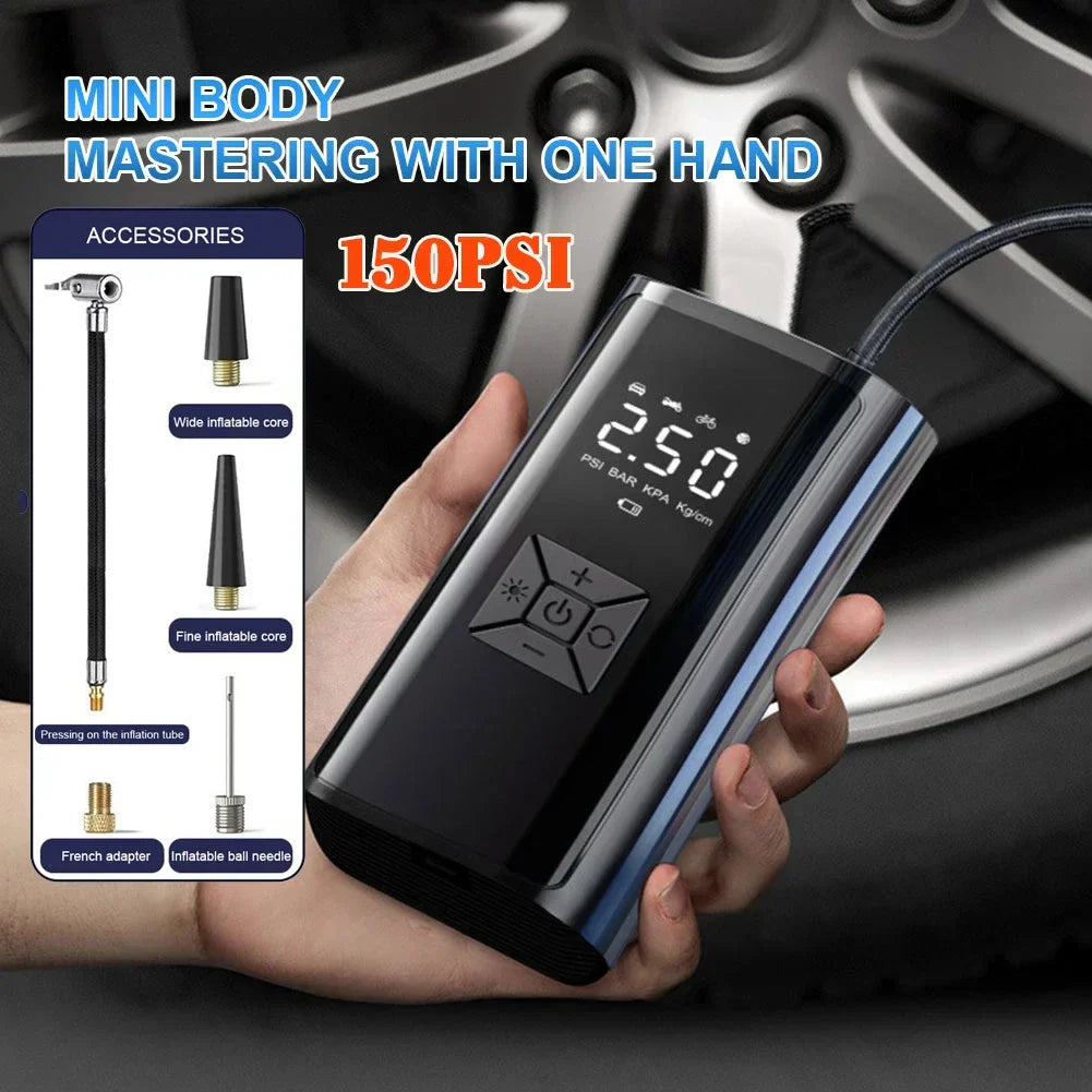 Black wireless handheld 120W digital tire inflator and air compressor for cars and bicycles. — view 5