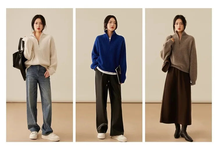 Women's pure cashmere half-zip pullover sweater with a stand collar and loose fit — view 5