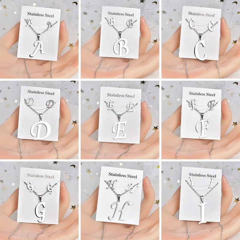 Stainless steel initial necklace and matching letter stud earrings set for women — view 3