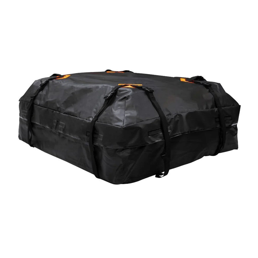Black waterproof 425L car roof cargo bag strapped to vehicle for travel and outdoor storage