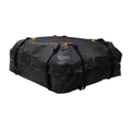 Black waterproof 425L car roof cargo bag strapped to vehicle for travel and outdoor storage