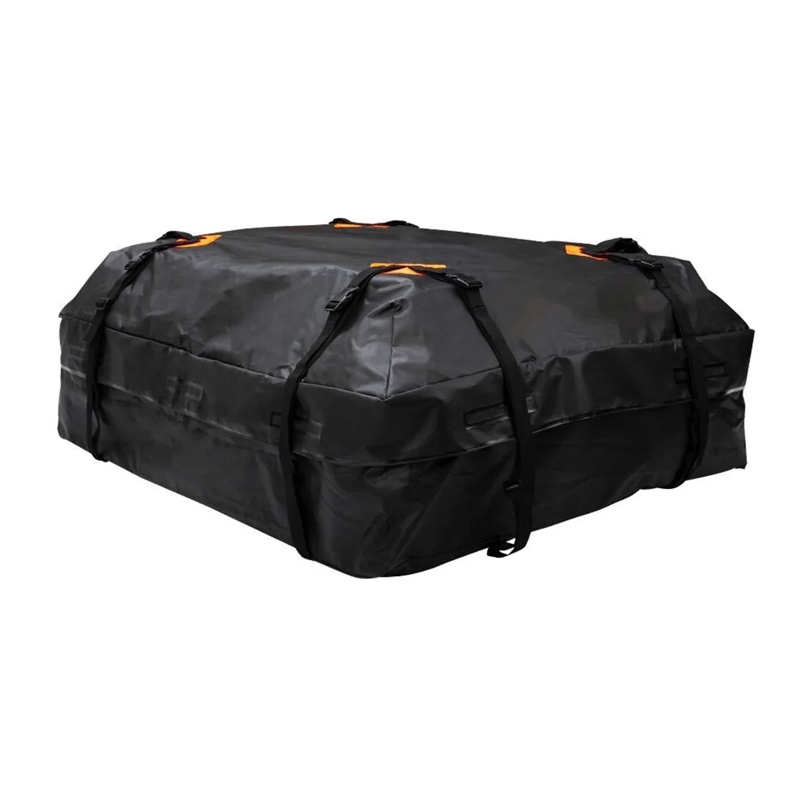 Black waterproof 425L car roof cargo bag strapped to vehicle for travel and outdoor storage