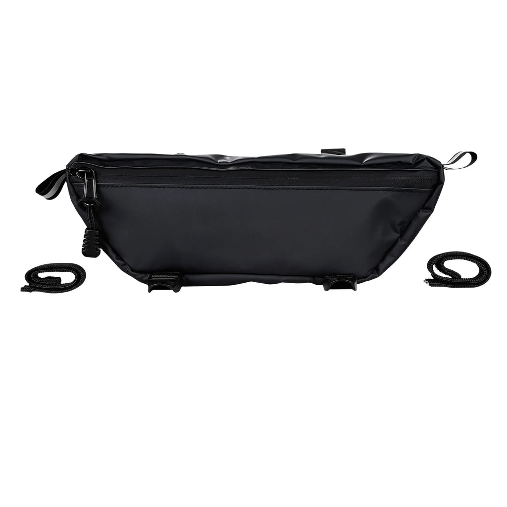 Waterproof motorcycle handlebar bag in durable fabric with secure zipper closure and universal mounting straps