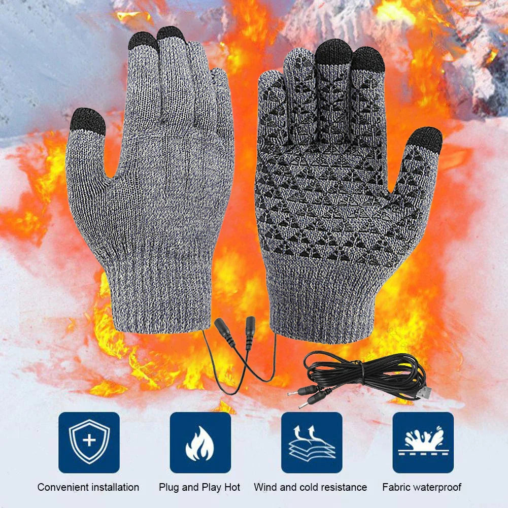 Black USB heated touchscreen winter cycling gloves with anti-slip silicone palm pattern — view 2