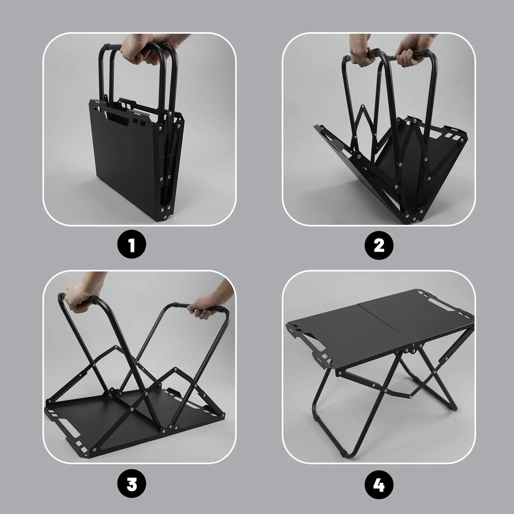 Black iron portable folding camping table with hollowed edges for hanging outdoor gear and utensils — view 4
