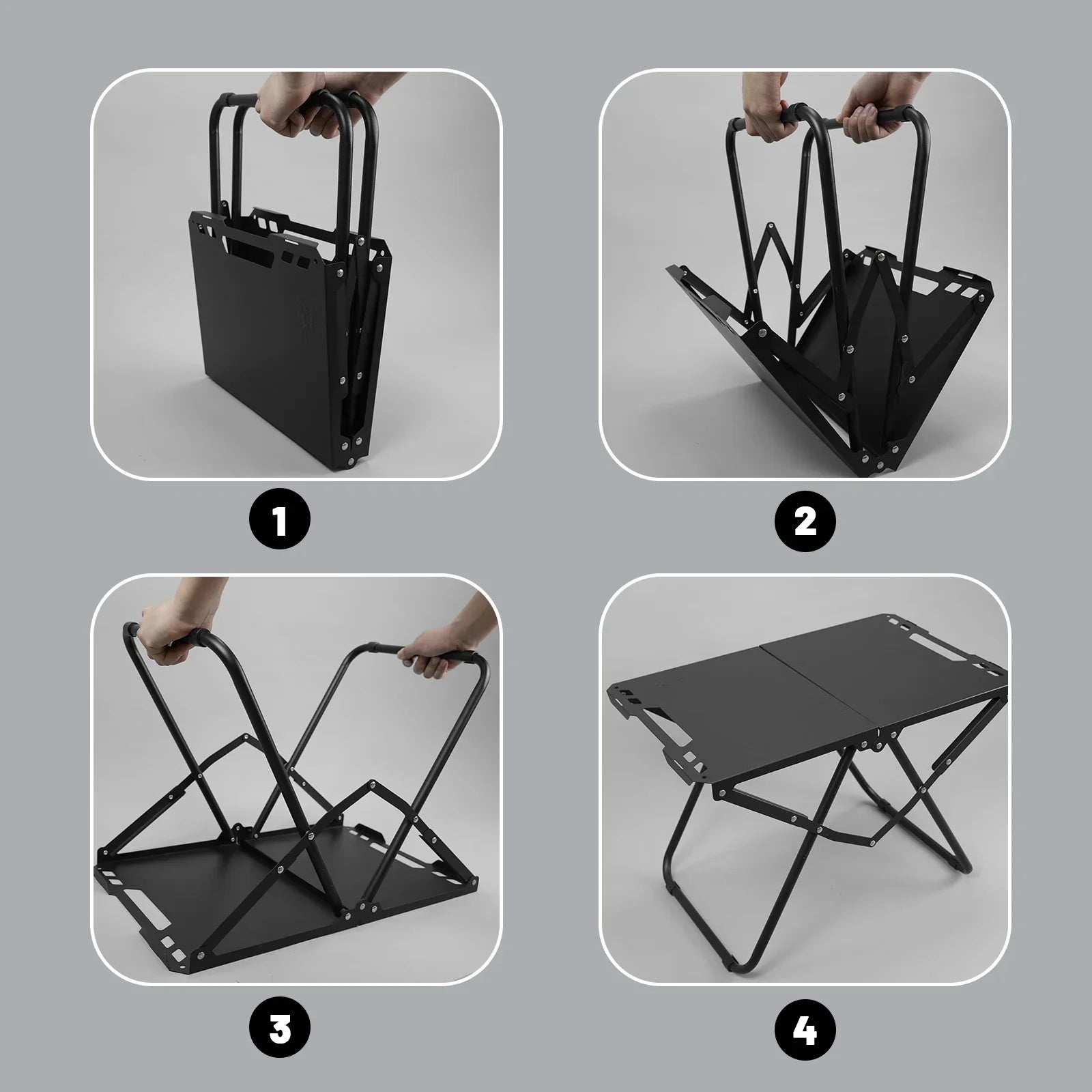Black iron portable folding camping table with hollowed edges for hanging outdoor gear and utensils — view 4