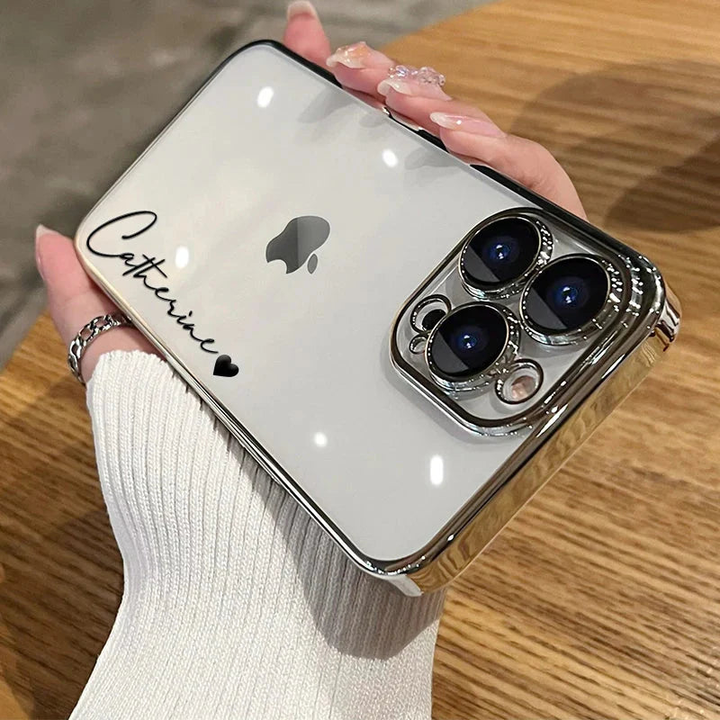 Personalized clear iPhone case with luxury metallic plating and custom name engraving on the back