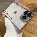 Personalized clear iPhone case with luxury metallic plating and custom name engraving on the back