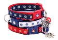 Ships wheels breakaway cat collar in red and navy cotton with a jingle bell