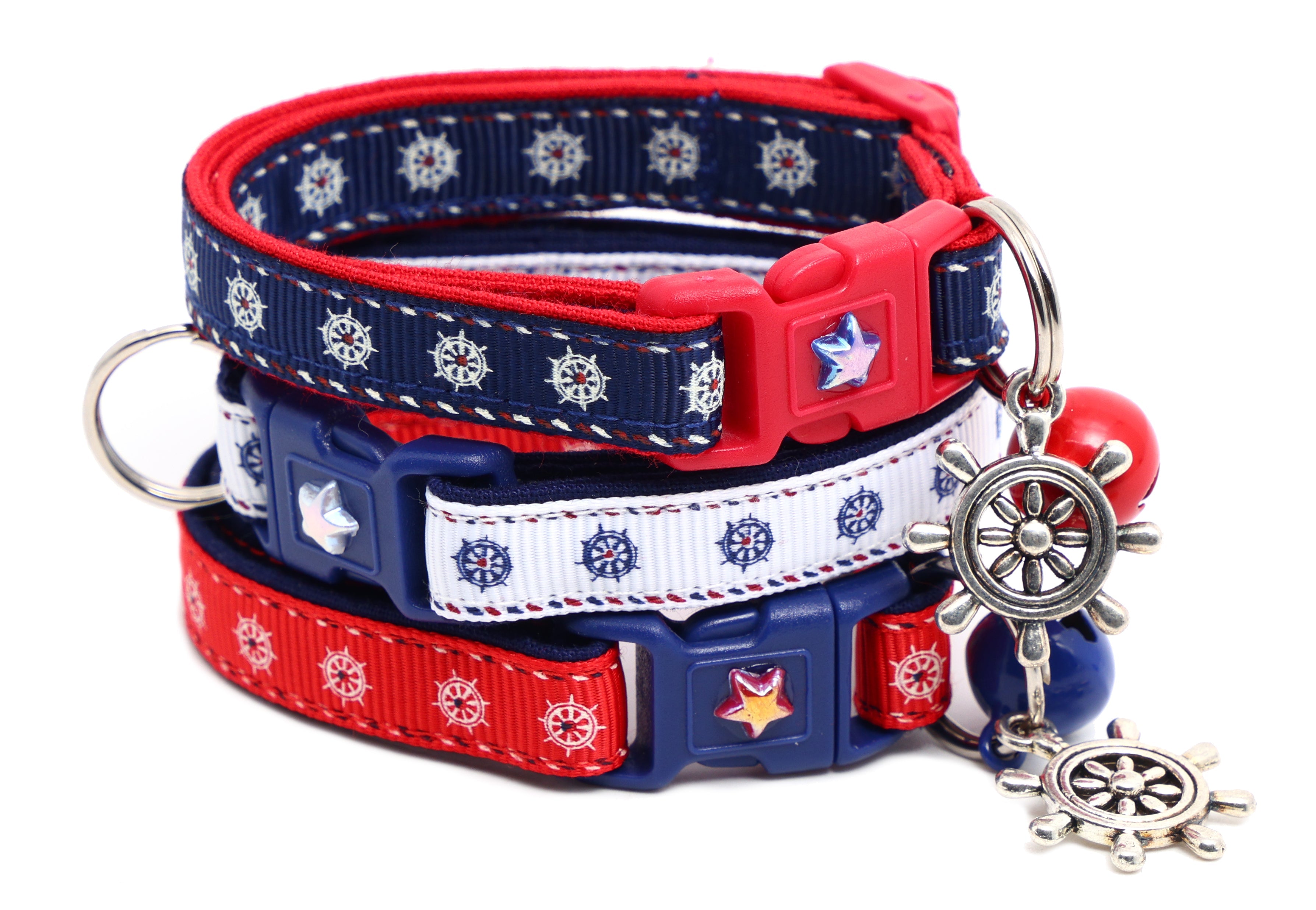 Ships wheels breakaway cat collar in red and navy cotton with a jingle bell