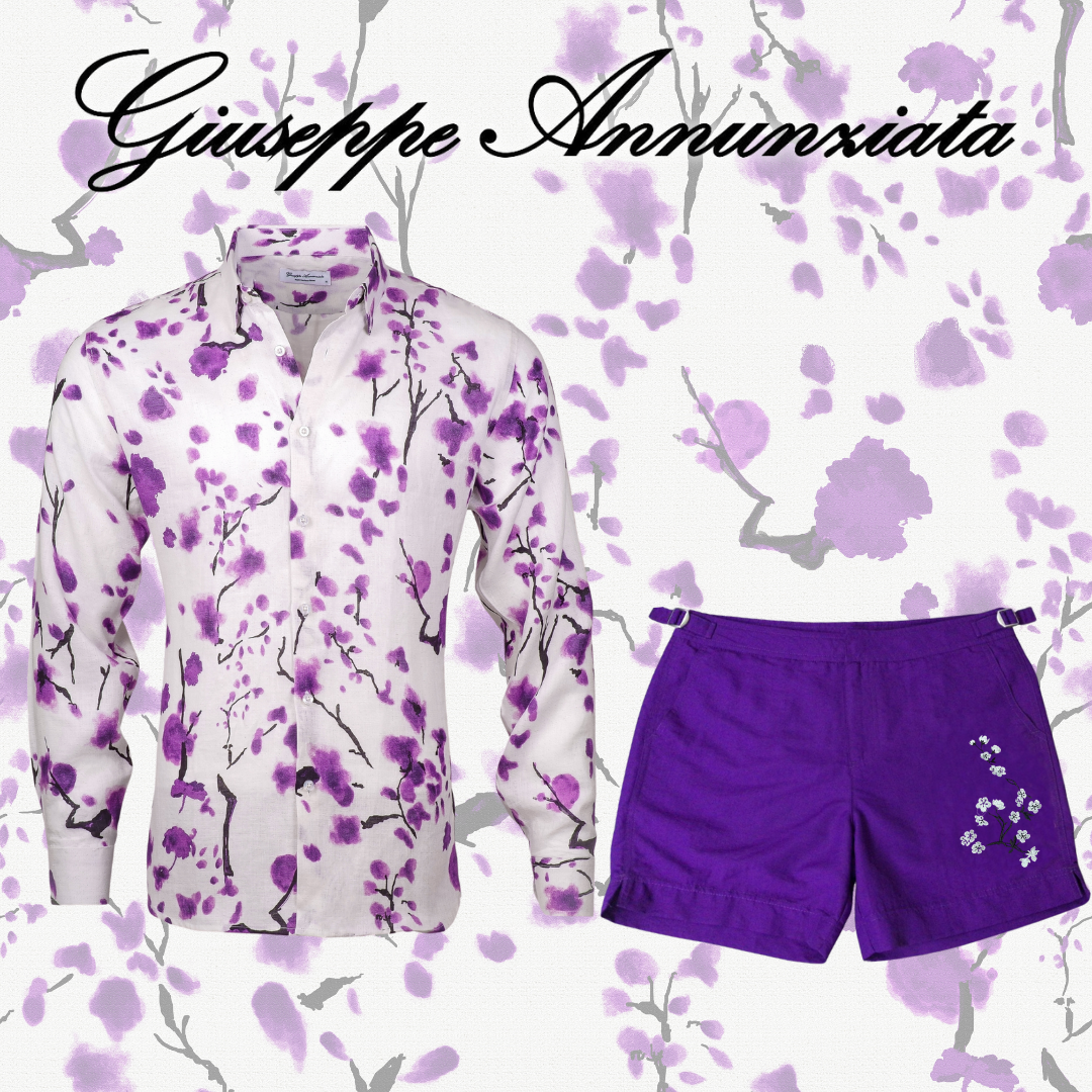 Purple cherry blossom embroidered swim trunks with adjustable drawstring waist and mid-thigh cut — view 2