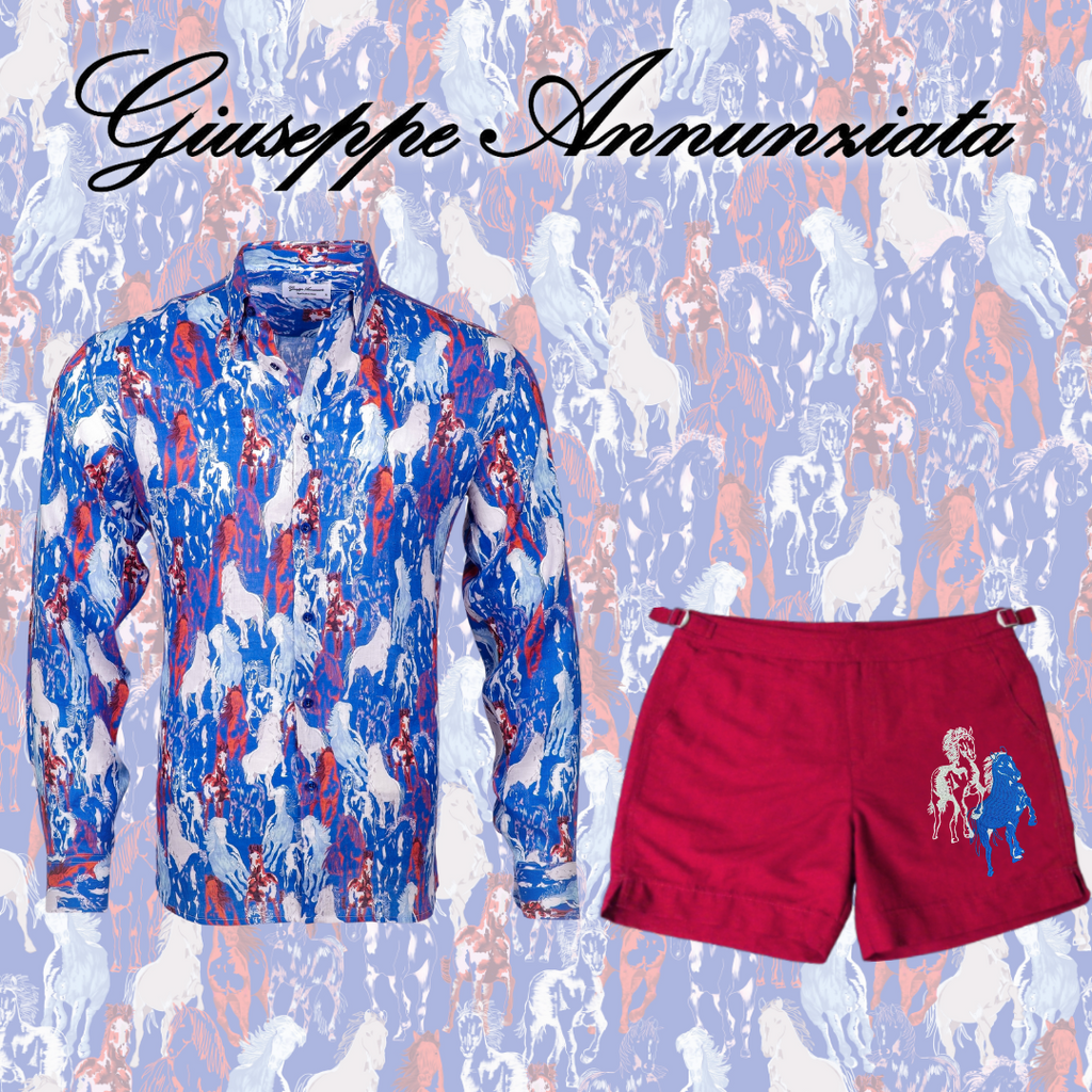 Red men's swim trunks with embroidered horse motifs and elastic drawstring waistband — view 2