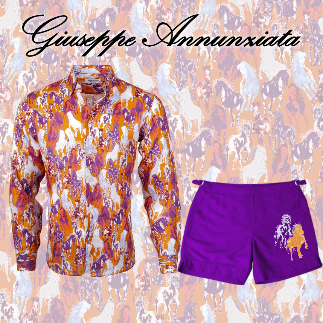 Purple men's swim trunks with hand-embroidered horse motifs, elastic waistband, and adjustable drawstring. — view 2