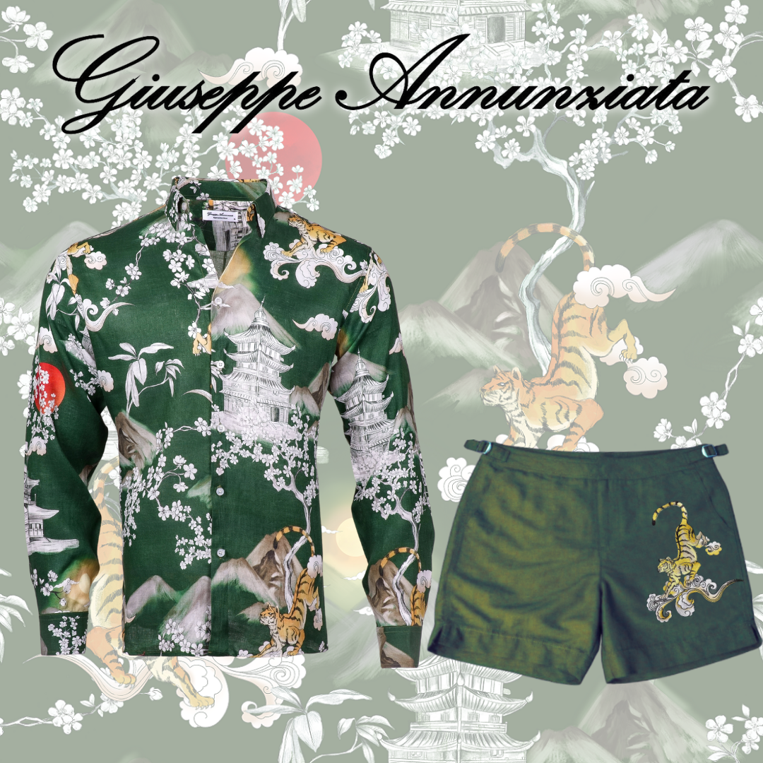 Dark green men's swim trunks with embroidered Japan tiger design, elastic waistband, and adjustable drawstrings. — view 2