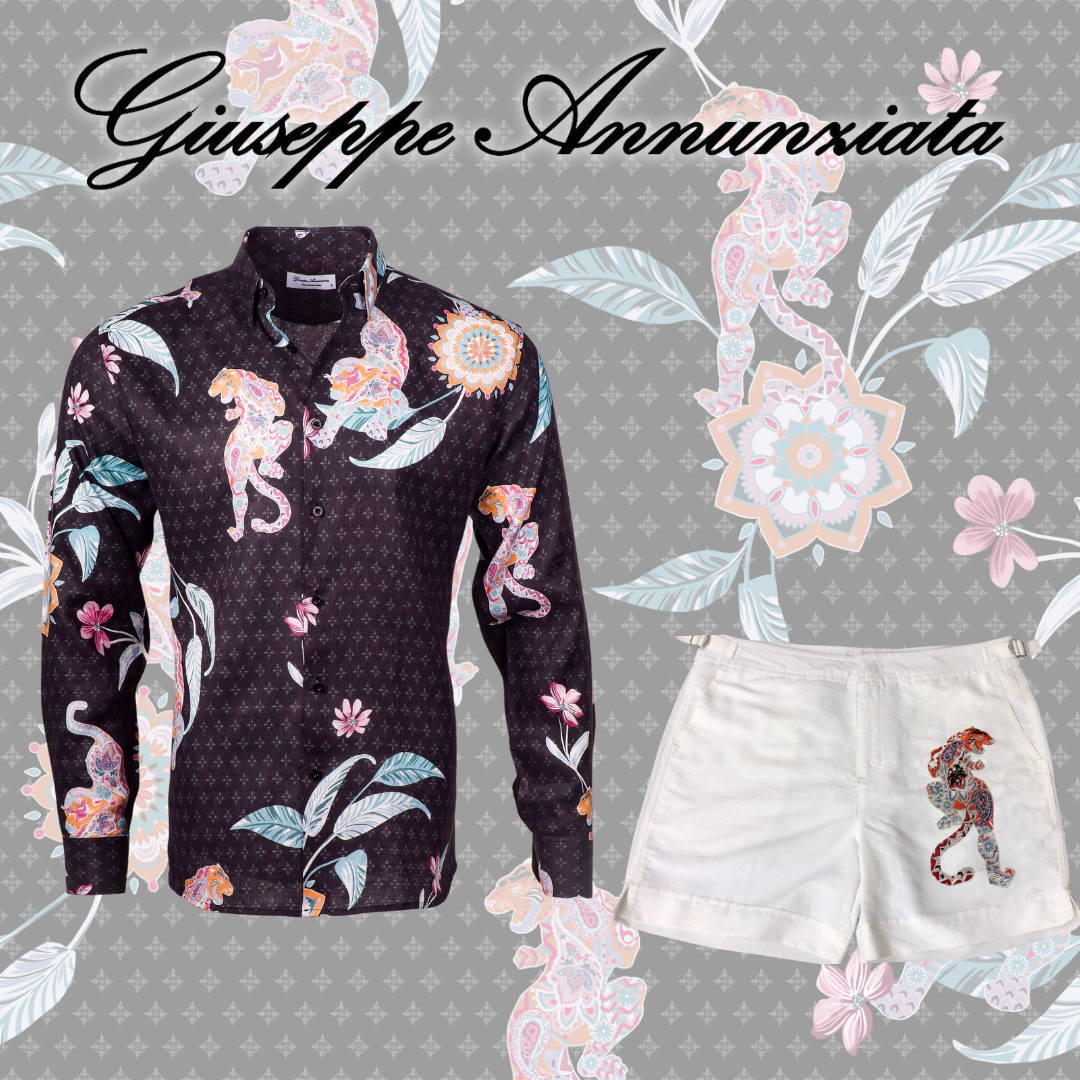 White men's swim shorts featuring hand-embroidered mandala tiger design with elastic drawstring waistband. — view 4