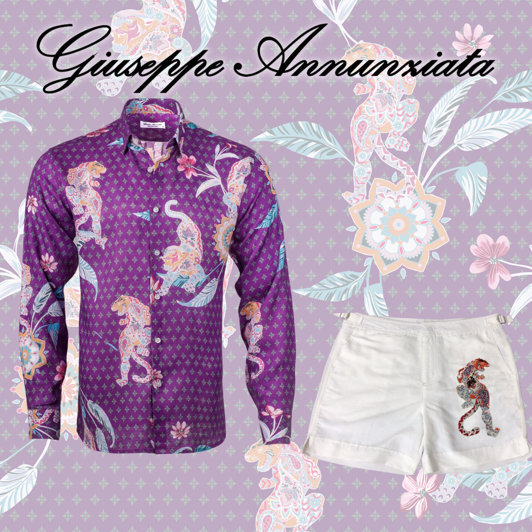 White men's swim shorts featuring hand-embroidered mandala tiger design with elastic drawstring waistband. — view 3