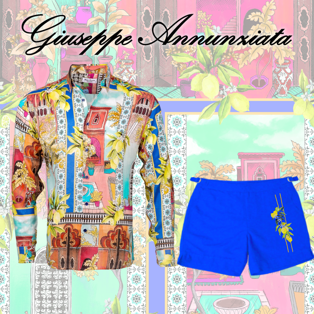 Electric blue Sicily lemon embroidered swim shorts with elastic waistband and drawstring for men — view 2