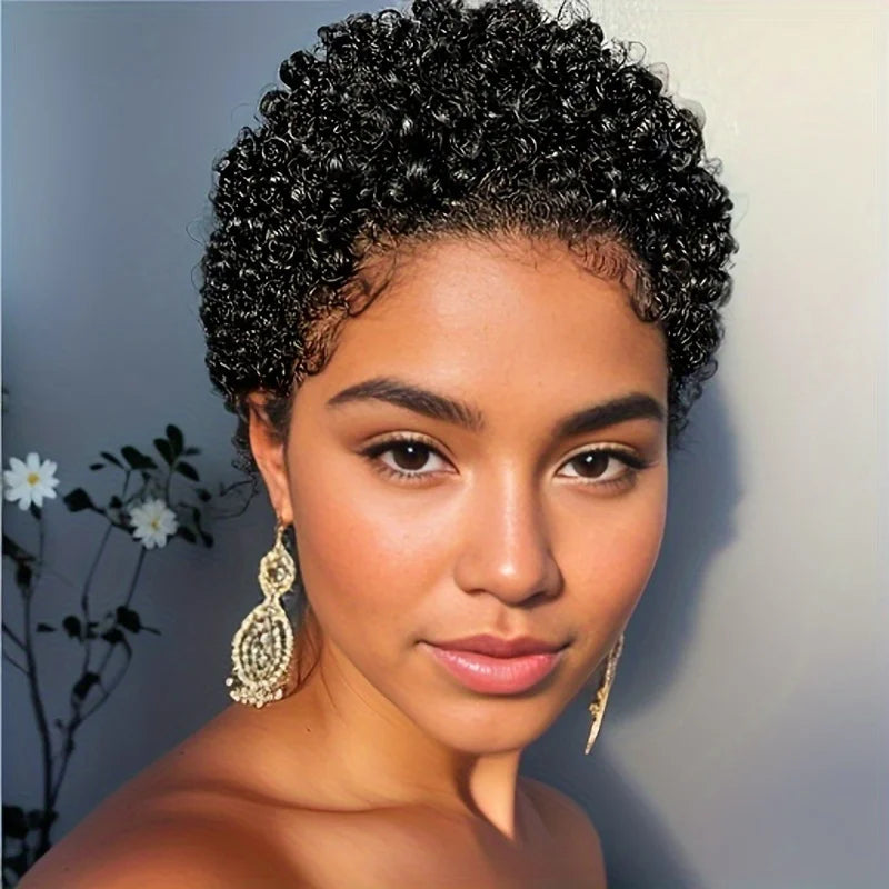 Short afro curly human hair wig in natural black styled as a voluminous pixie cut — view 2